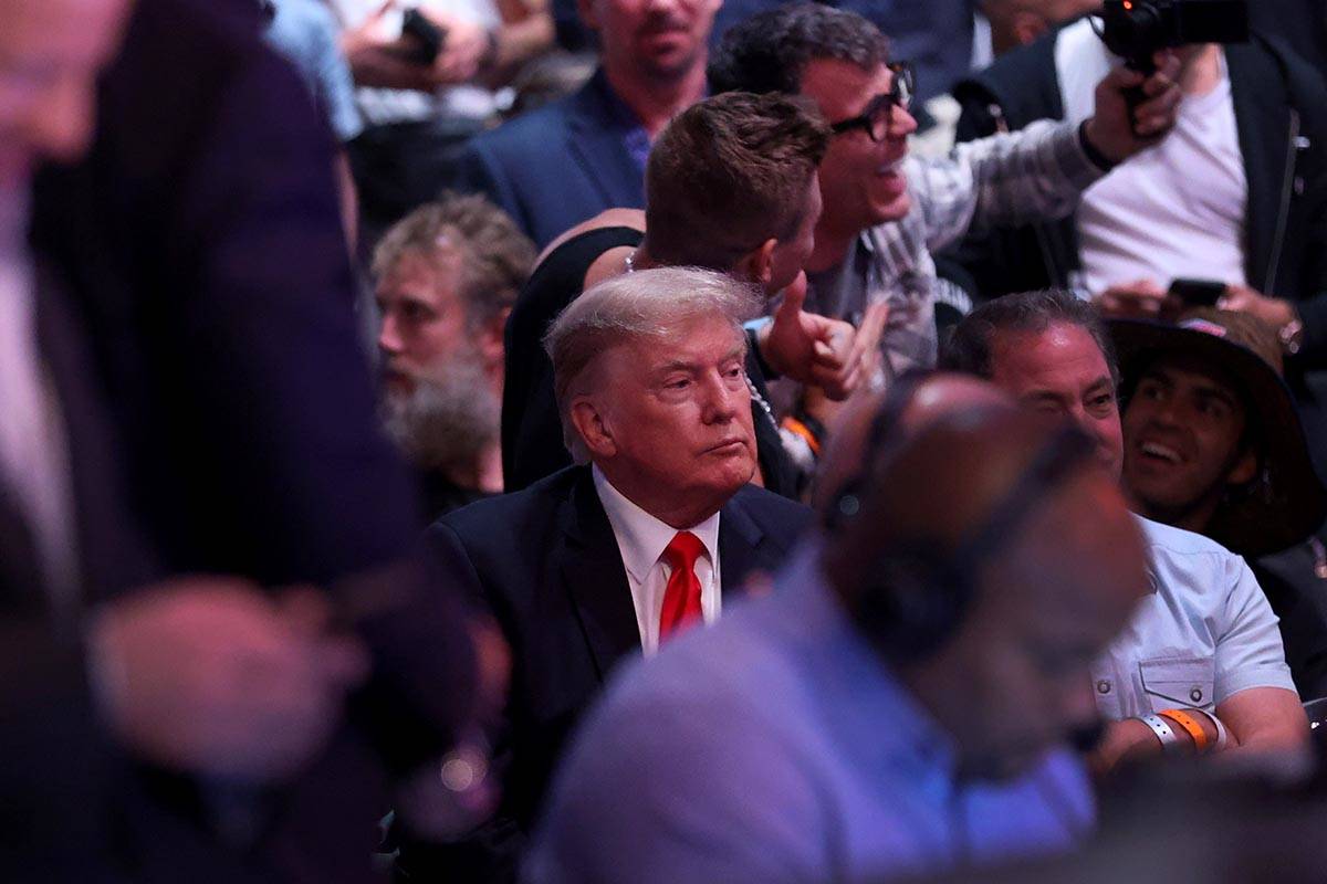 Former President Donald Trump attends the UFC 264 event at T-Mobile Arena in Las Vegas, Saturda ...