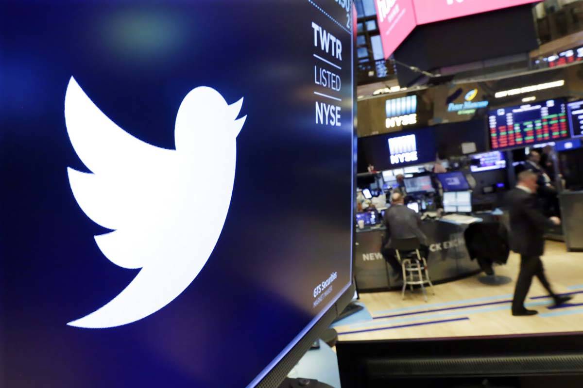FILE - In this Feb. 8, 2018 file photo, the logo for Twitter is displayed above a trading post ...