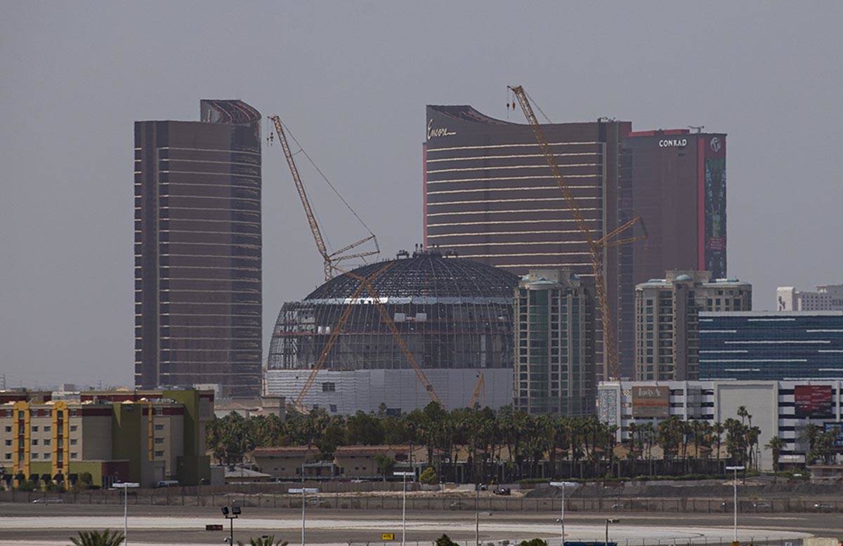 A view looking towards the MSG Sphere, Wynn and Encore as hazy weather conditions blanket the L ...