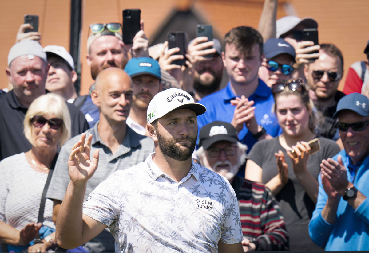 Spain's Jon Rahm gestures on the 1st tee during day one of the Golf Scottish Open, at The Renai ...