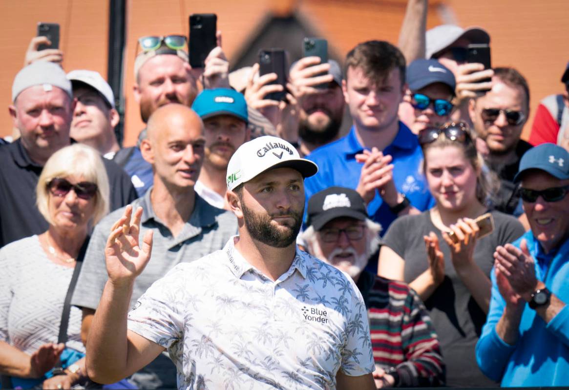 Spain's Jon Rahm gestures on the 1st tee during day one of the Golf Scottish Open, at The Renai ...