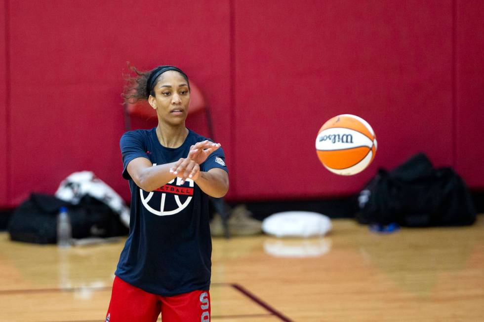 A'ja Wilson, who plays for the Las Vegas Aces in the WNBA, passes the ball during a 2021 USA Ba ...