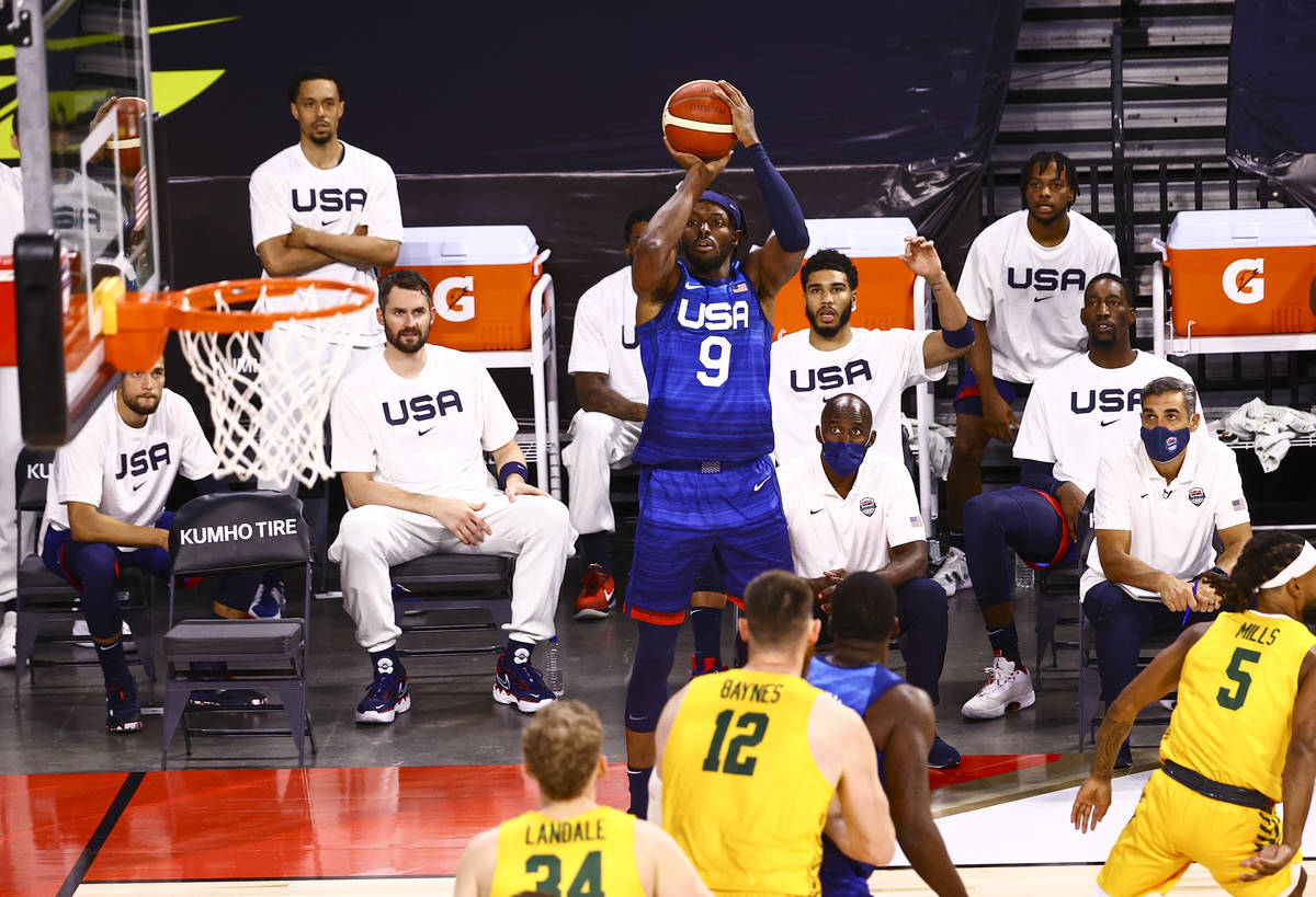 USA’s Jerami Grant (9) shoots during the first half of an exhibition basketball game aga ...