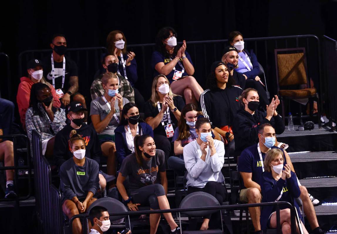 Members of the Australia womenճ national basketball team, including Las Vegas Acesՠ ...