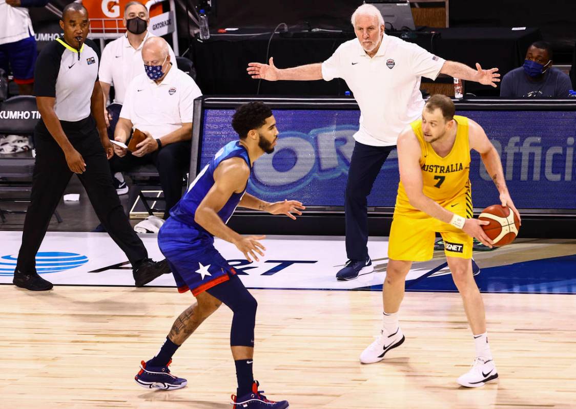 USA Basketball head coach Gregg Popovich motions as USAճ Jayson Tatum, left, guards Austr ...