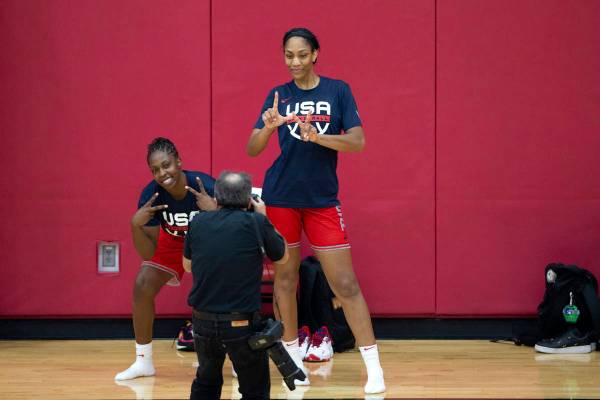 Chelsea Gray, left, and A'ja Wilson, who play for the Las Vegas Aces in the WNBA, pose for phot ...