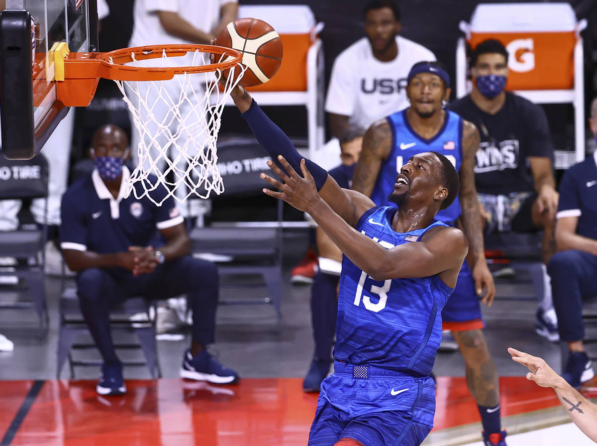 USAÕs Bam Adebayo lays up the ball during the first half of an exhibition basketball game ...