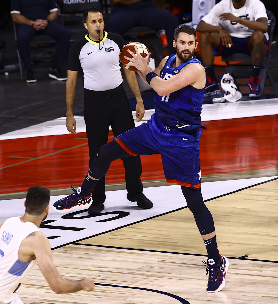 USAÕs Kevin Love (11) grabs a rebound during the second half of an exhibition basketball g ...