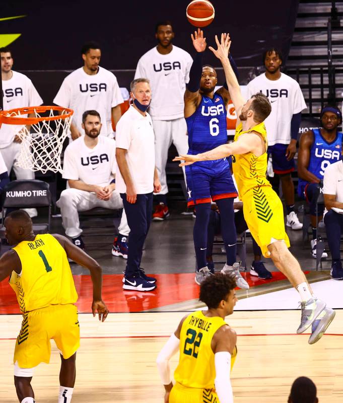 USA’s Damian Lillard (6) shoots as Australia's Nick Kay (15) defends during the first ha ...