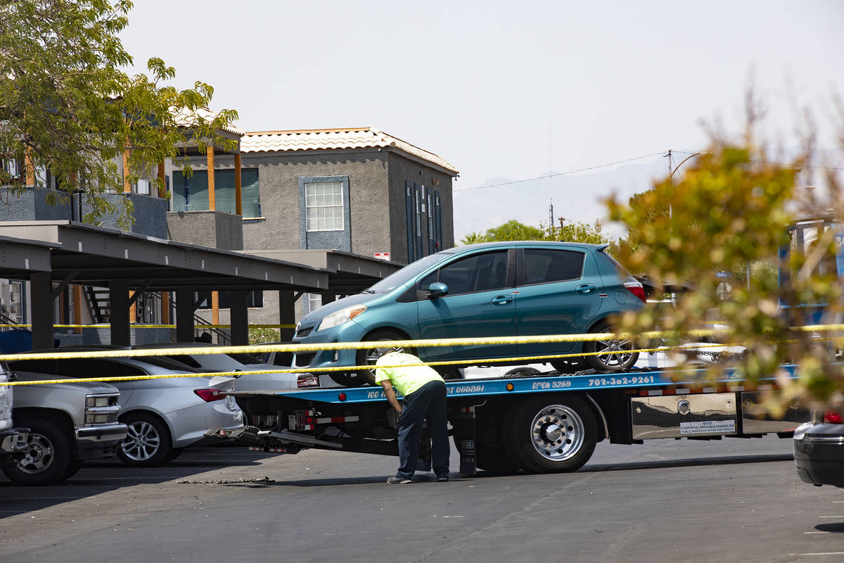 Police at the scene of a homicide on the 1000 block of East Carey Avenue in North Las Vegas Wed ...