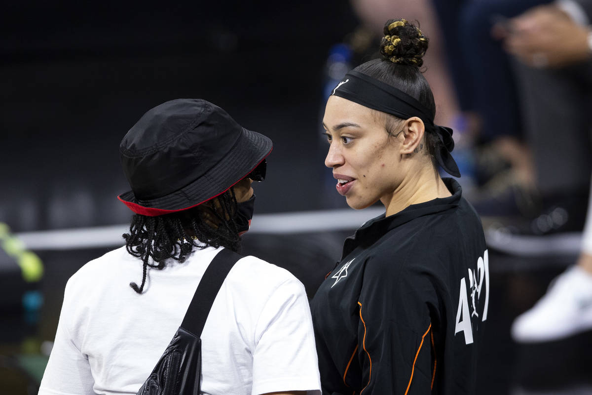 Team WNBA's Dearica Hamby, right, greets Chicago Sky player Diamond DeShields during a WNBA All ...