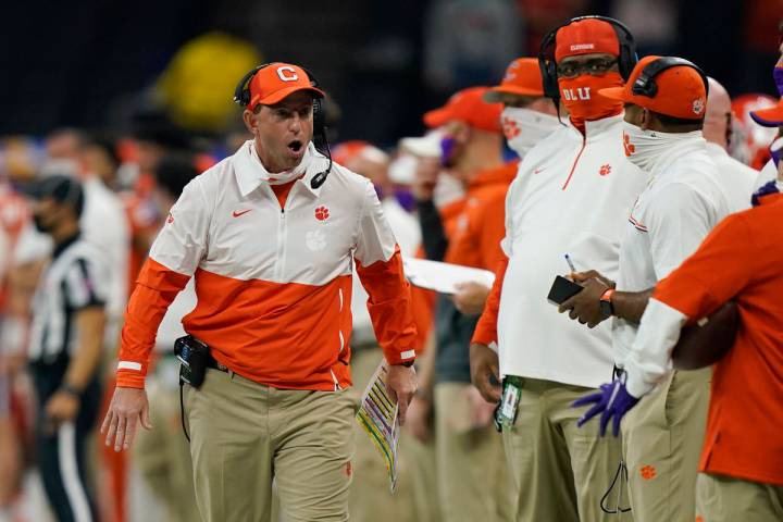 Clemson coach Dabo Swinney yells during the first half of the Sugar Bowl NCAA college football ...