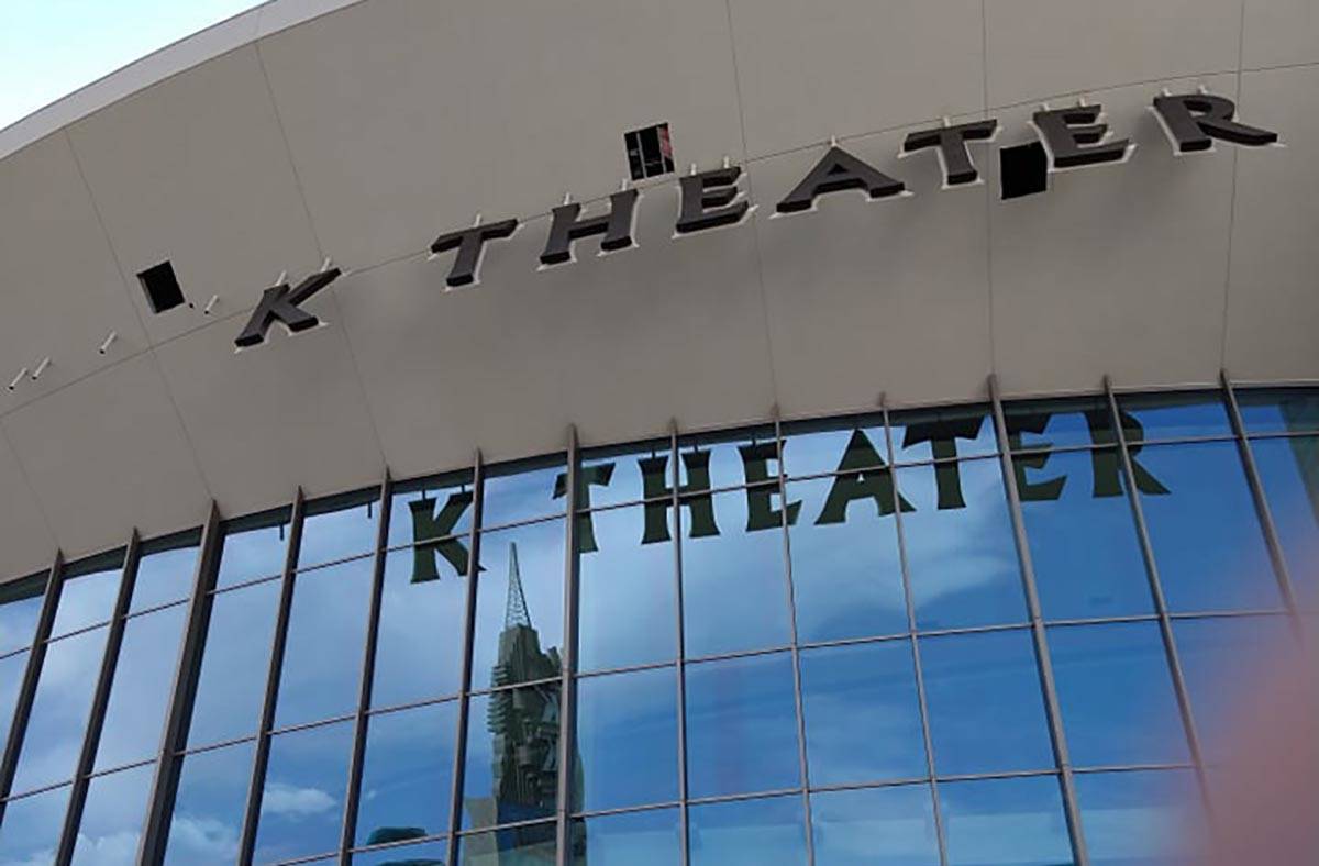 The incomplete Park Theater sign at Park MGM is shown on Tuesday, July 13, 2021. (John Katsilom ...