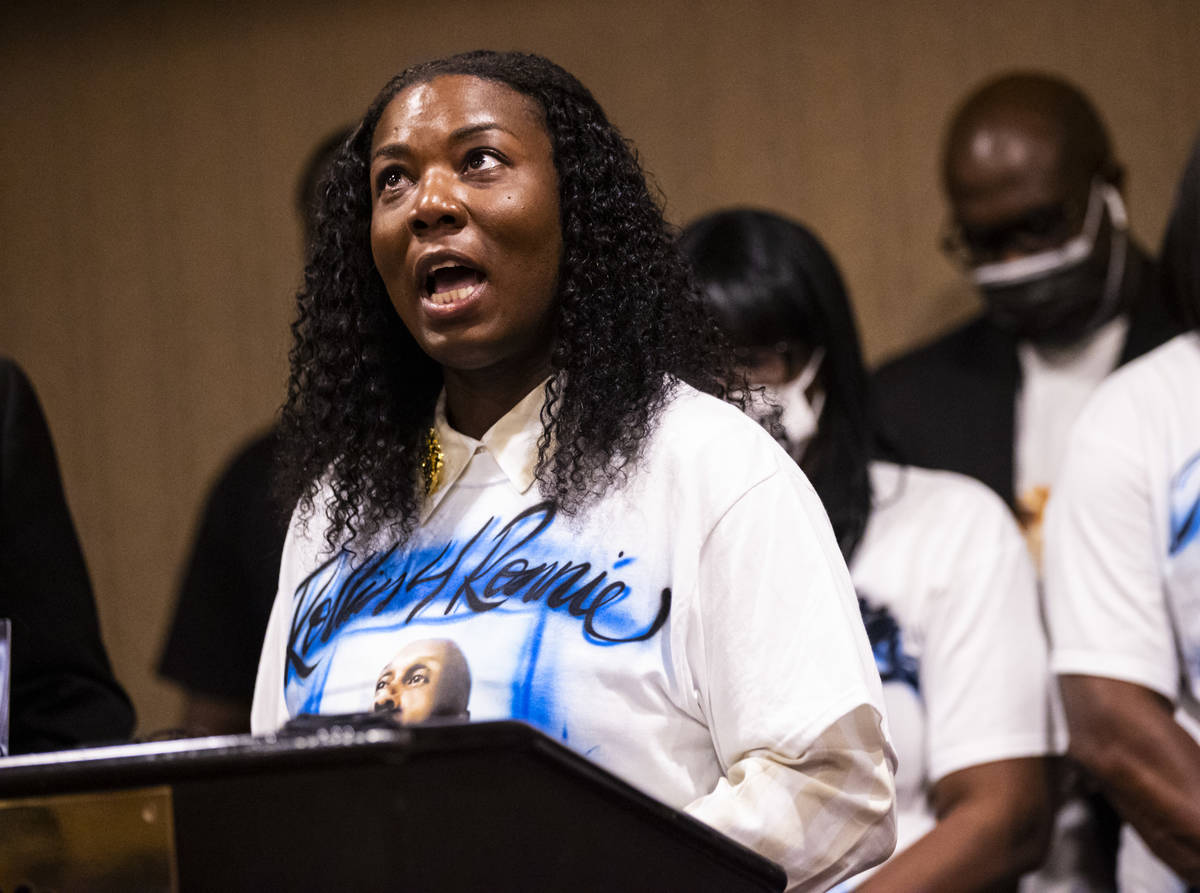 Teena Acree, niece of Byron Williams, speaks during a news conference in Las Vegas on Thursday, ...