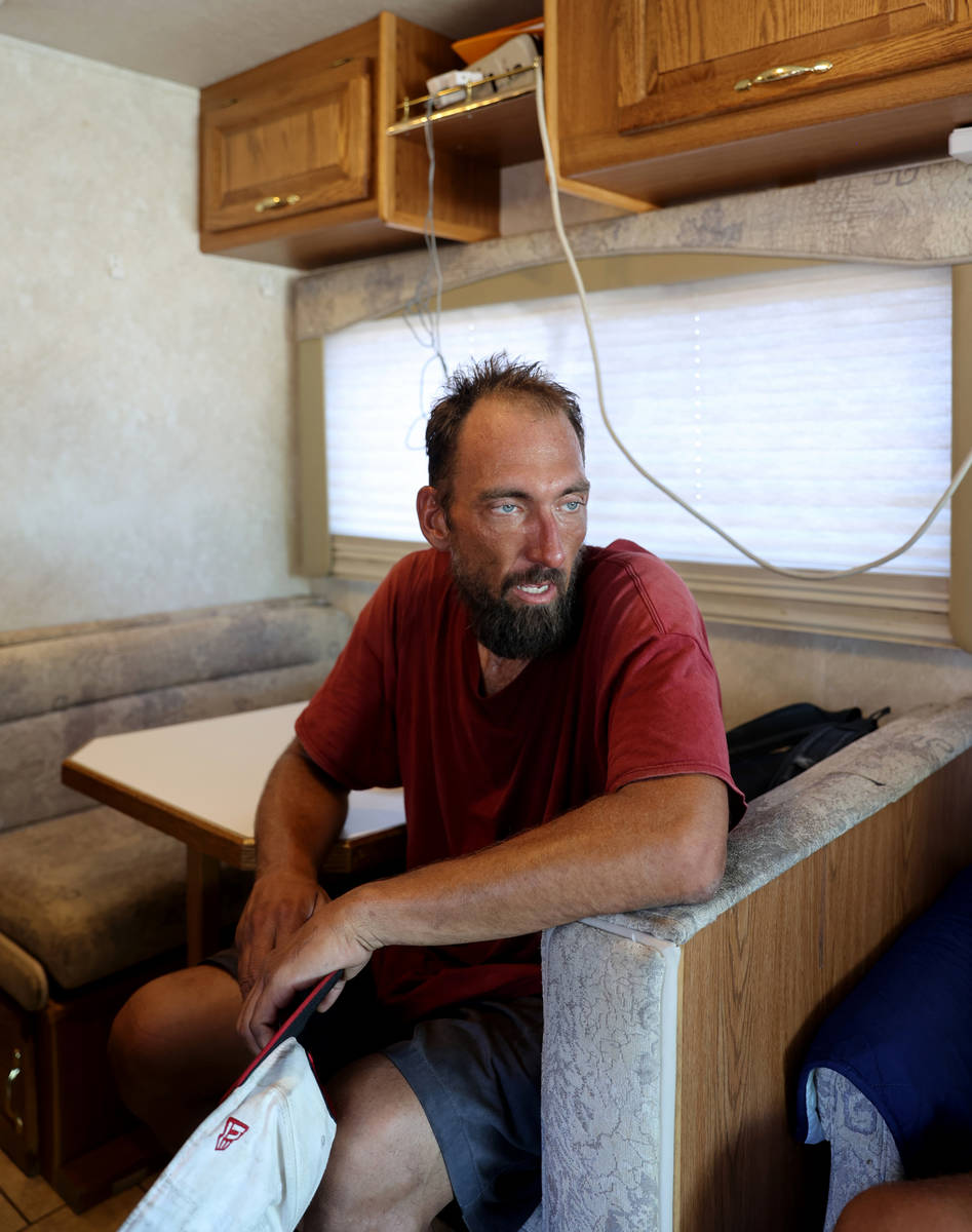 Eric Gutierrez, 39, waits for a shower in an RV operated by Cup of Hope outreach ministry at Ja ...