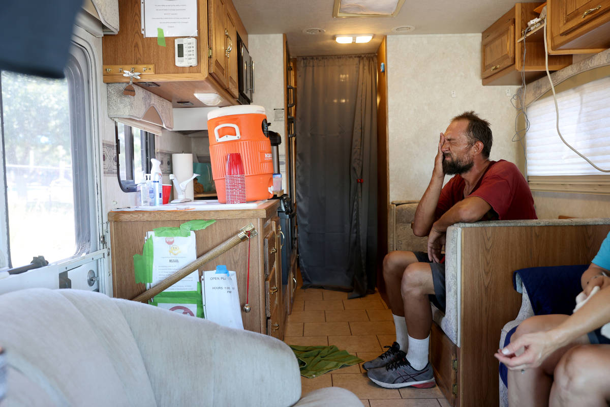 Eric Gutierrez, 39, waits for a shower in an RV operated by Cup of Hope outreach ministry at Ja ...