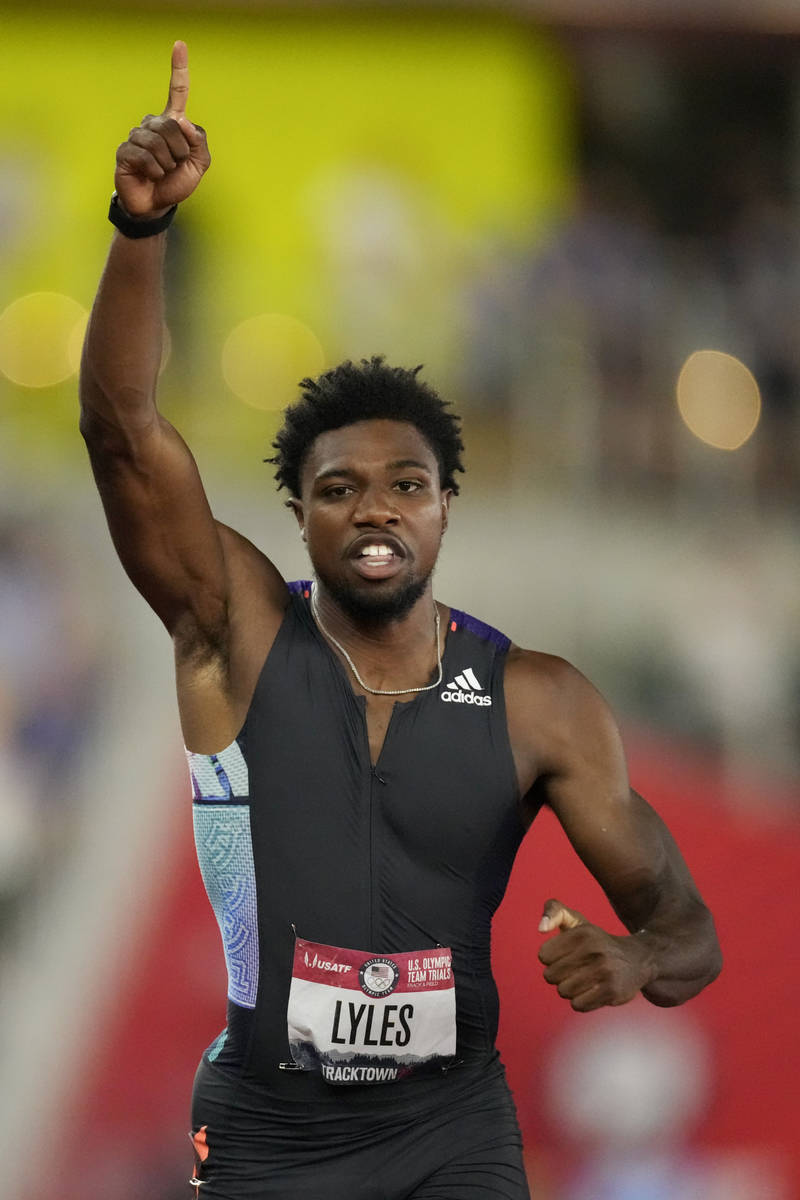 Noah Lyles celebrates after winning the final in the men's 200-meter run at the U.S. Olympic Tr ...