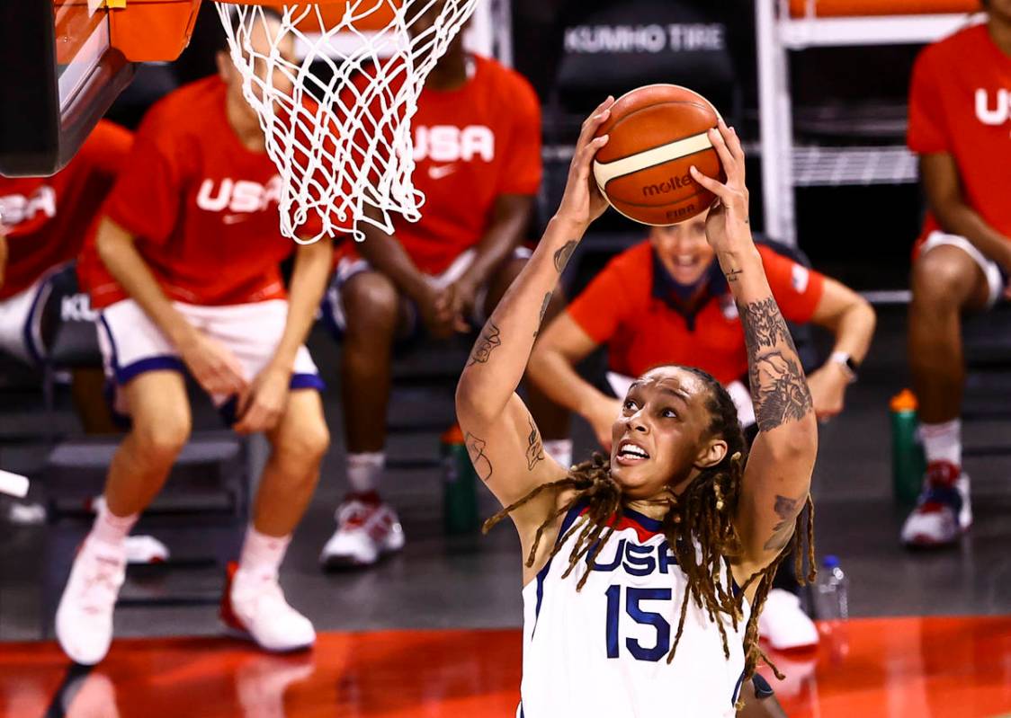 United States center Brittney Griner lays up the ball during the first half of an exhibition ba ...