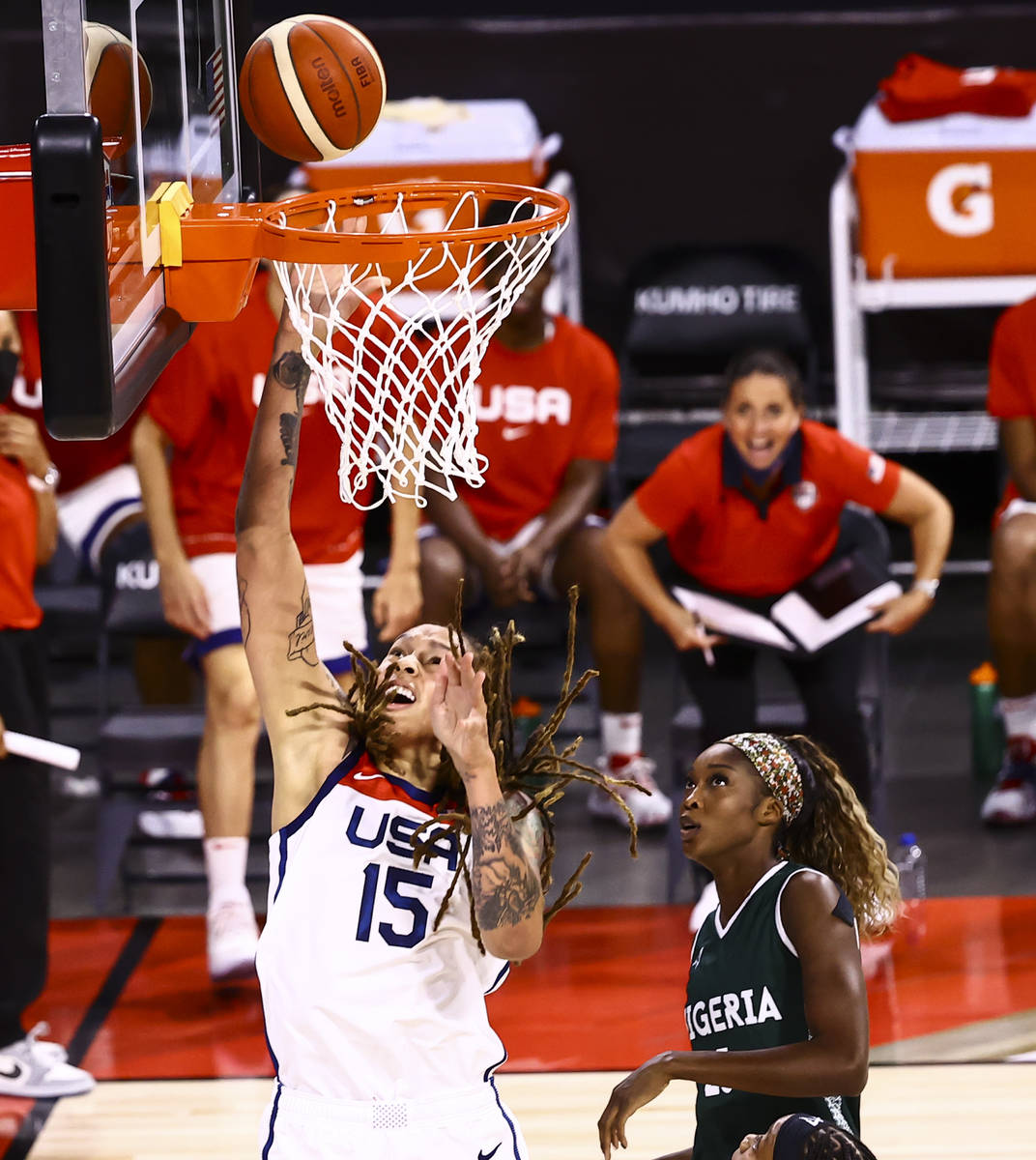 United States center Brittney Griner (15) lays up the ball in front of Nigeria forward Victoria ...