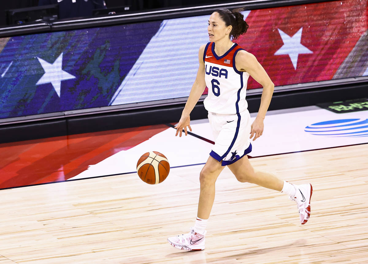 United States guard Sue Bird (6) brings the ball up court during the first half of an exhibitio ...
