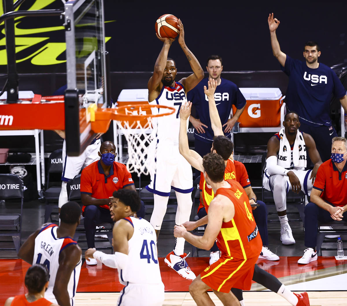 United States forward Kevin Durant (7) shoots during the first half of an exhibition basketball ...