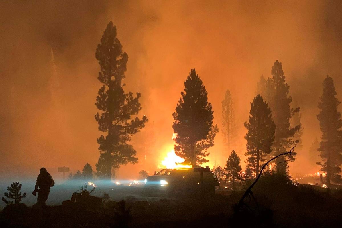 The Bootleg Fire burns at night in southern Oregon on Saturday, July 17, 2021. (Bootleg Fire In ...