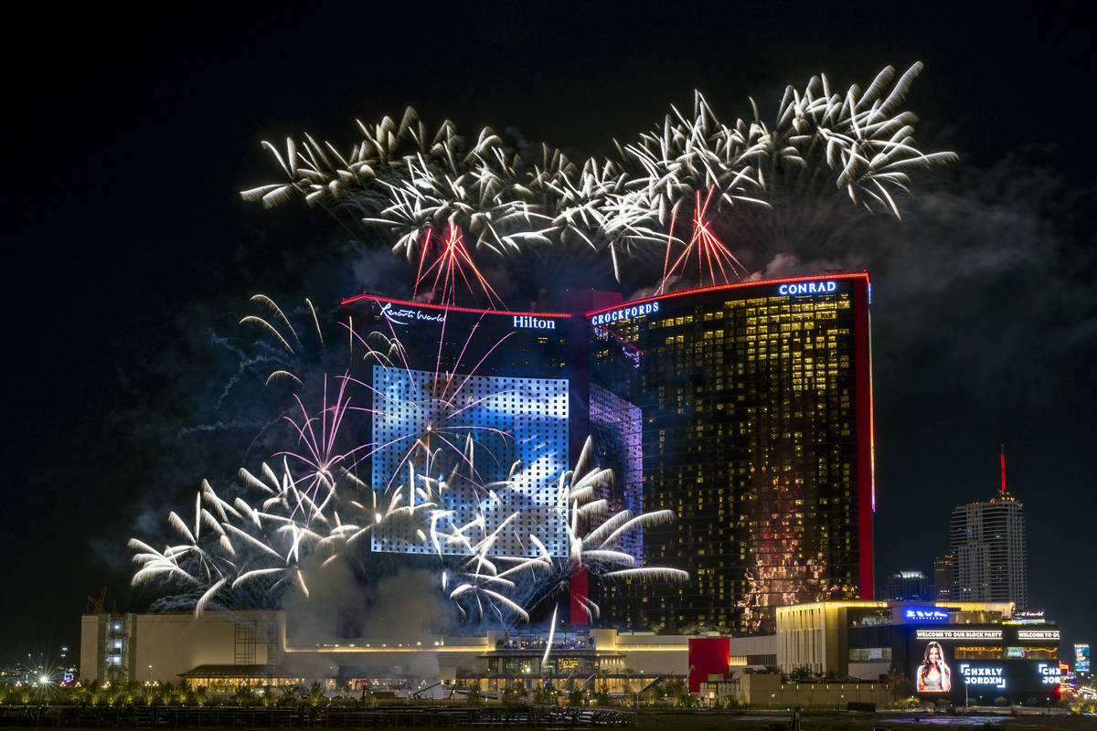 Resorts World Las Vegas grand opening fireworks show on June 24, 2021, in Las Vegas. (L.E. Bas ...