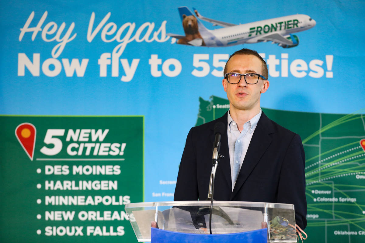 Daniel Shurz, senior vice president of commercial Frontier Airlines, announces that five new no ...