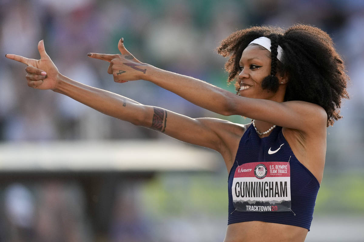 Vashti Cunningham competes during the finals of the women's high jump at the U.S. Olympic Track ...