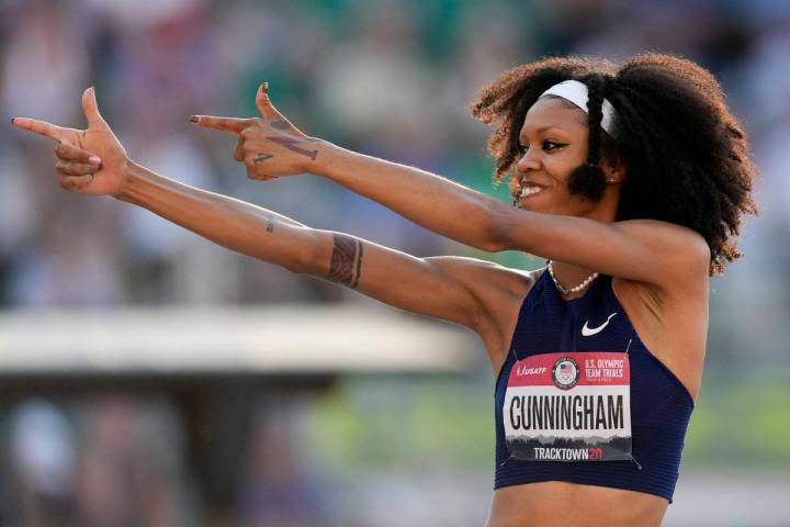 Vashti Cunningham competes during the finals of the women's high jump at the U.S. Olympic Track ...