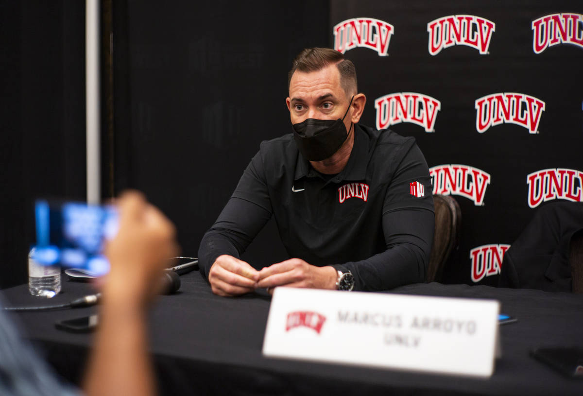 UNLV football coach Marcus Arroyo responds to questions during Mountain West Conference media d ...