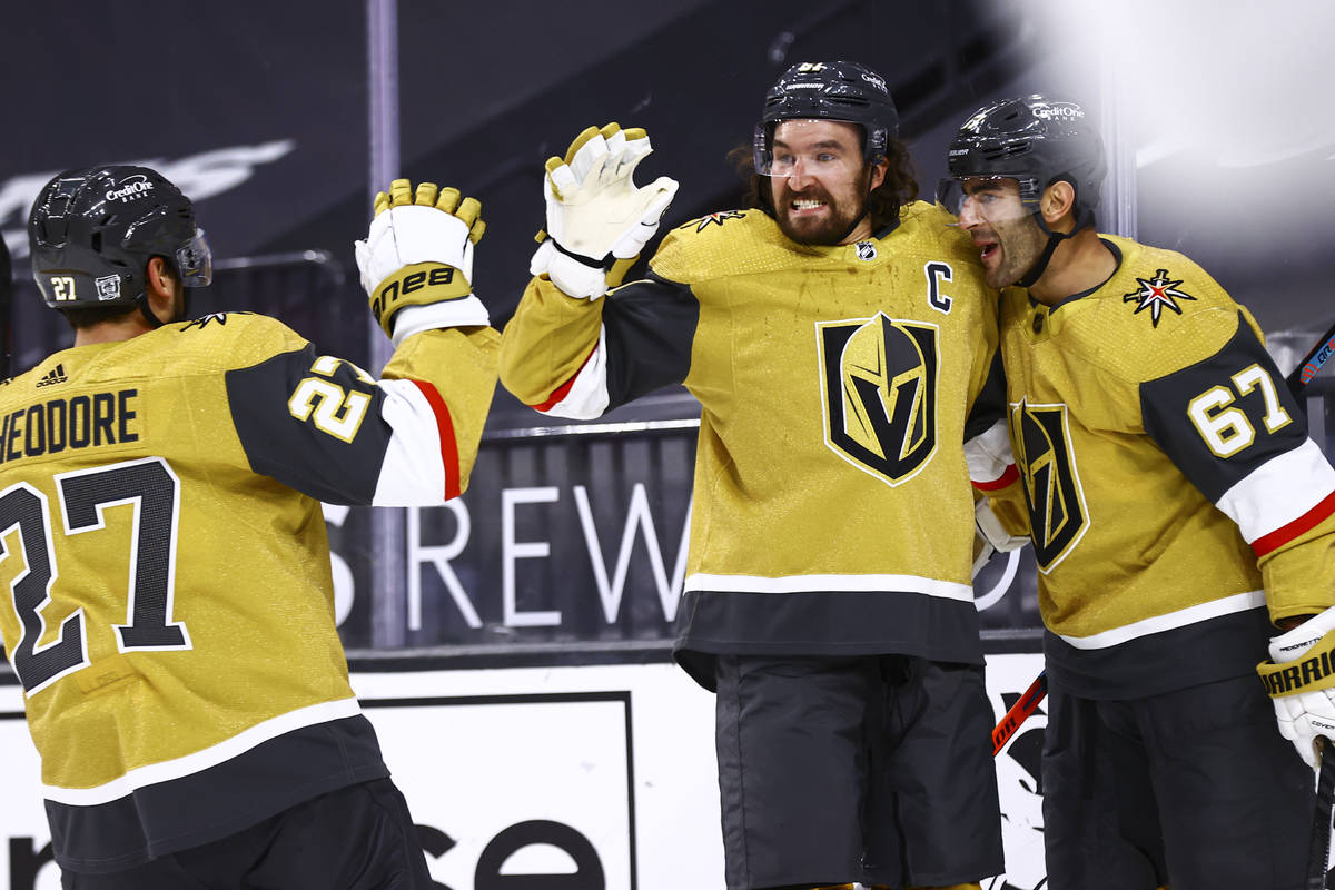 Golden Knights left wing Max Pacioretty (67) celebrates his overtime goal against the Anaheim D ...