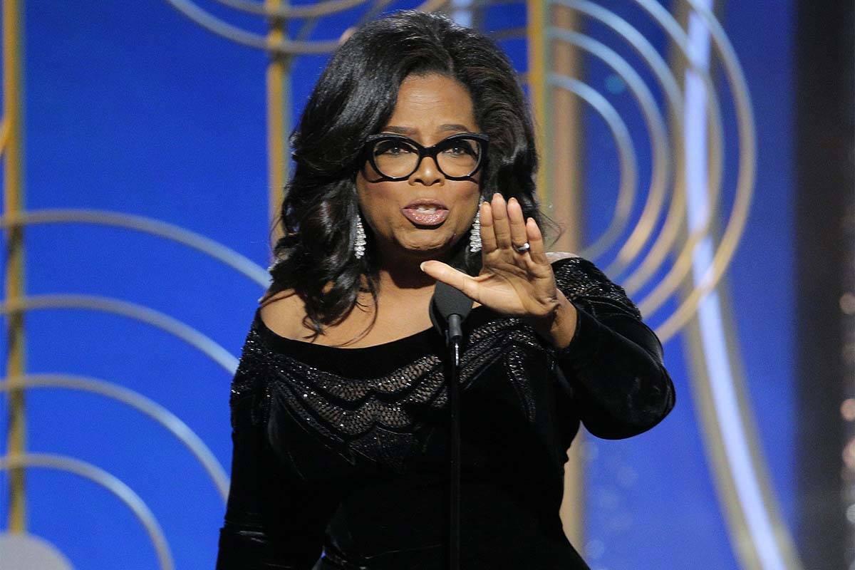 This image released by NBC shows Oprah Winfrey accepting the Cecil B. DeMille Award at the 75th ...