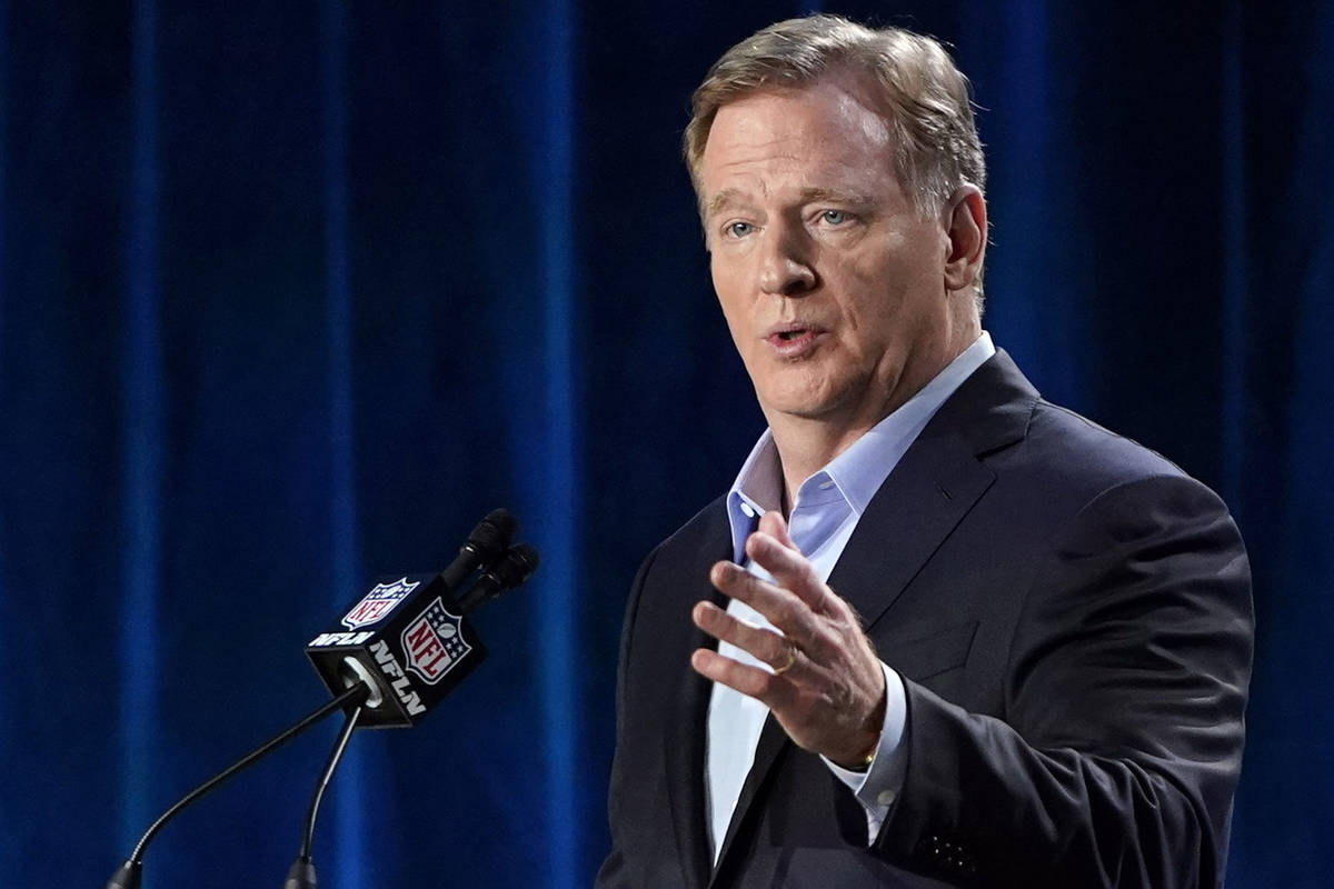 In this Jan. 29, 2020, file photo, NFL Commissioner Roger Goodell answers a question during a n ...
