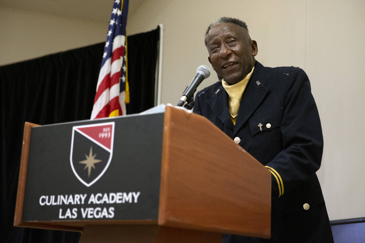 Trooper Rev. Dr. Willie Lee Henry, chapter chaplain of the Las Vegas Buffalo Soldiers, speaks d ...