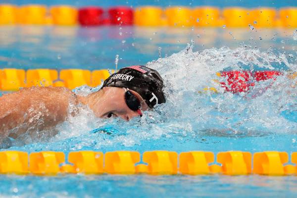 Katie Ledecky, of the United States, swims in the final of the women's 400-meters freestyle at ...