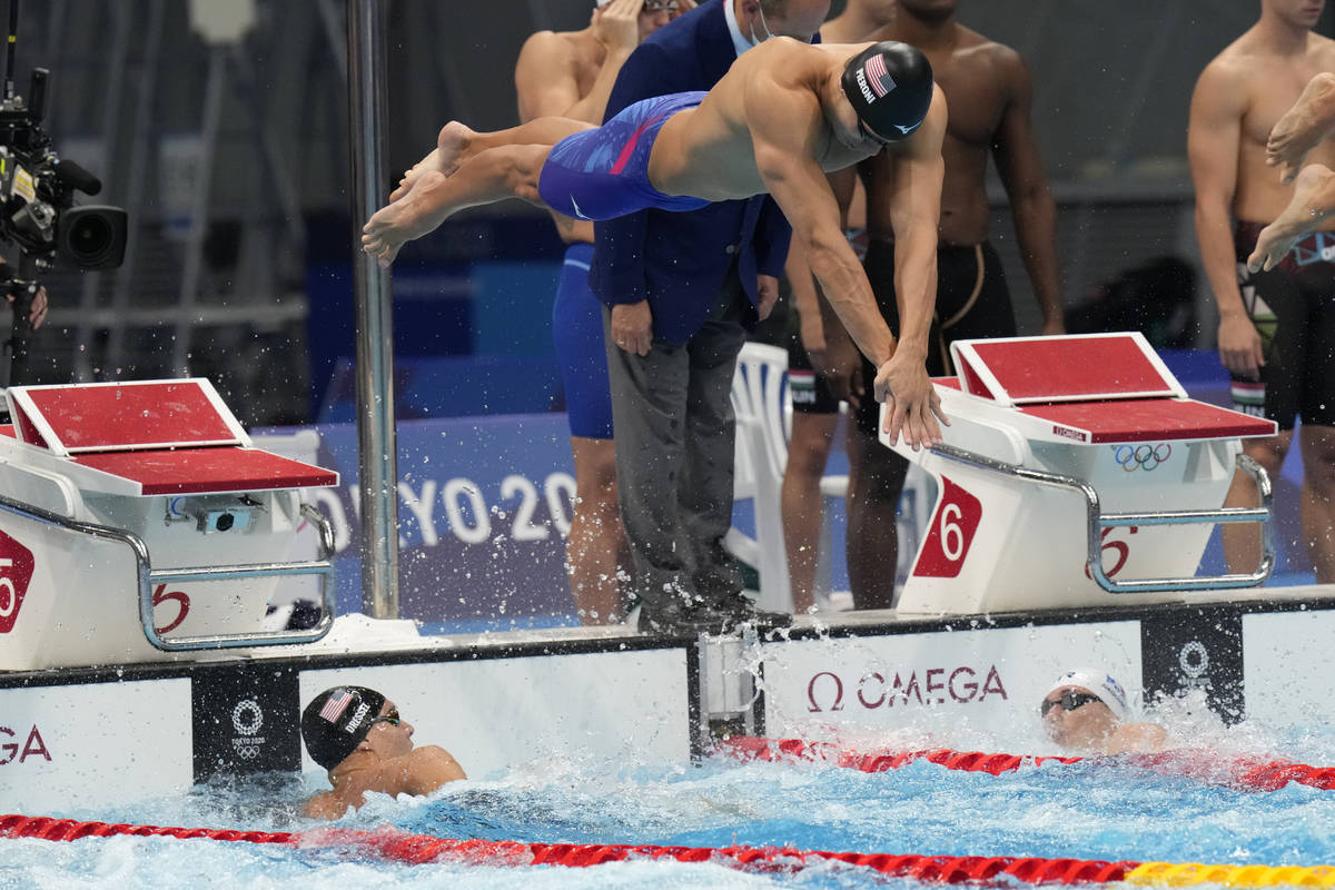 United States men's 4x100m freestyle relay team member Blake Pieroni dives in at the 2020 Summe ...
