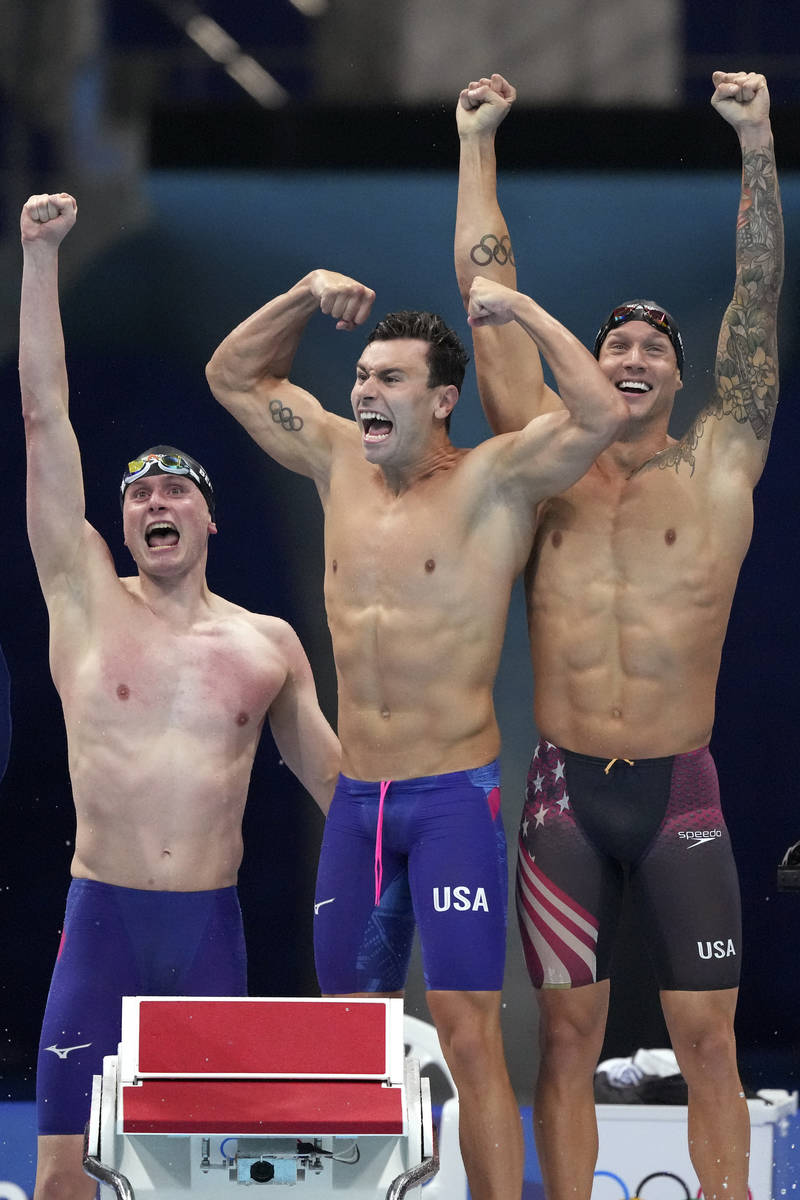 United States men's 4x100m freestyle relay team of Bowe Becker, Blake Pieroni, and Caeleb Dress ...