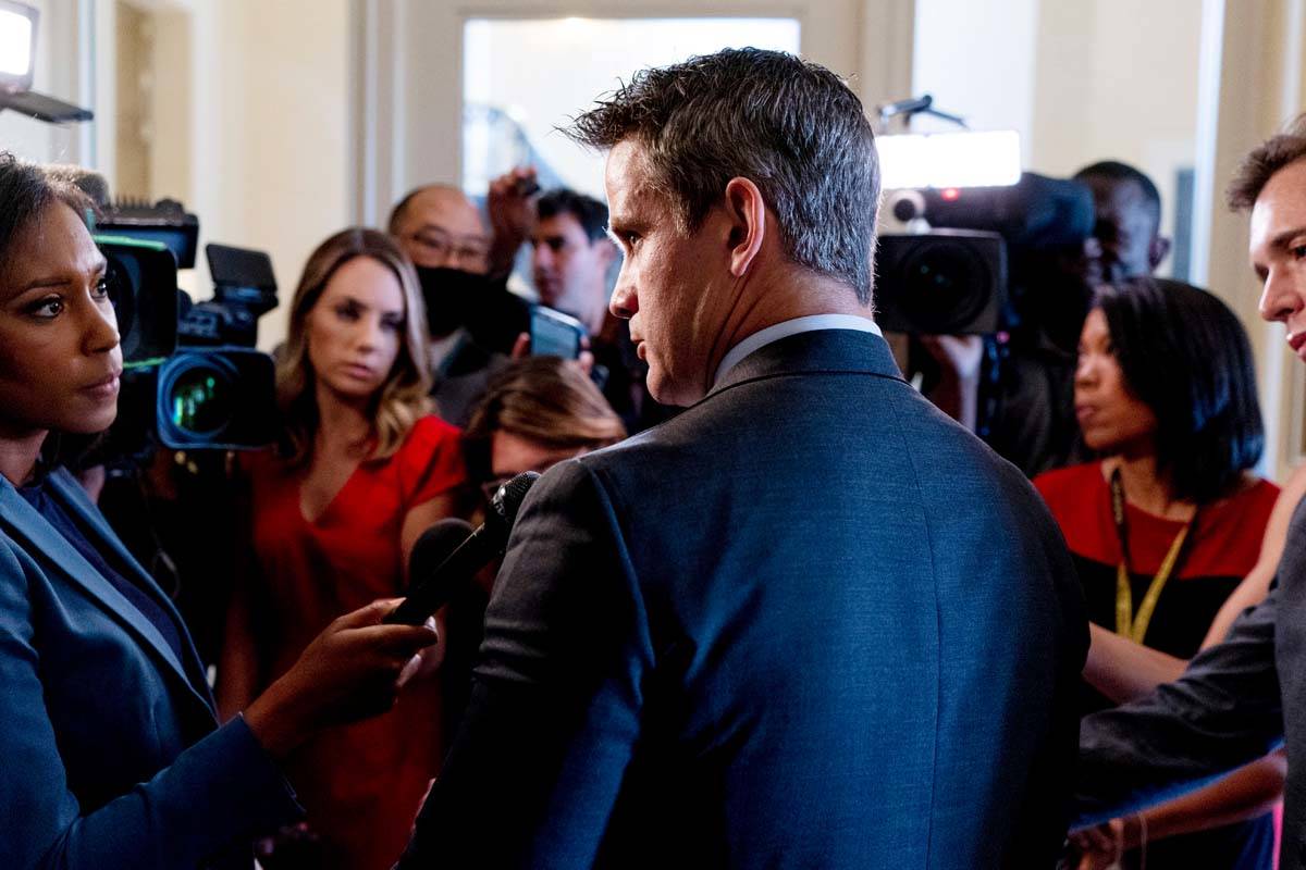 Rep. Adam Kinzinger, R-Ill., speaks to members of the media outside a meeting of the select com ...