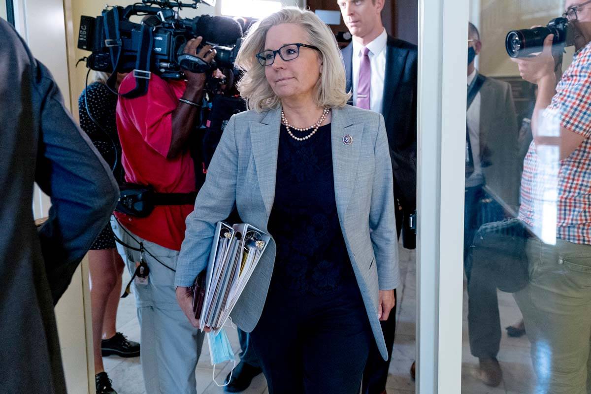 Rep. Liz Cheney, R-Wyo., leaves a meeting of the select committee on the Jan. 6 attack as they ...