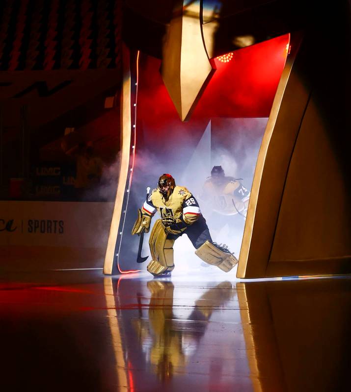 Golden Knights goaltender Marc-Andre Fleury (29) skates onto the ice before an NHL hockey game ...