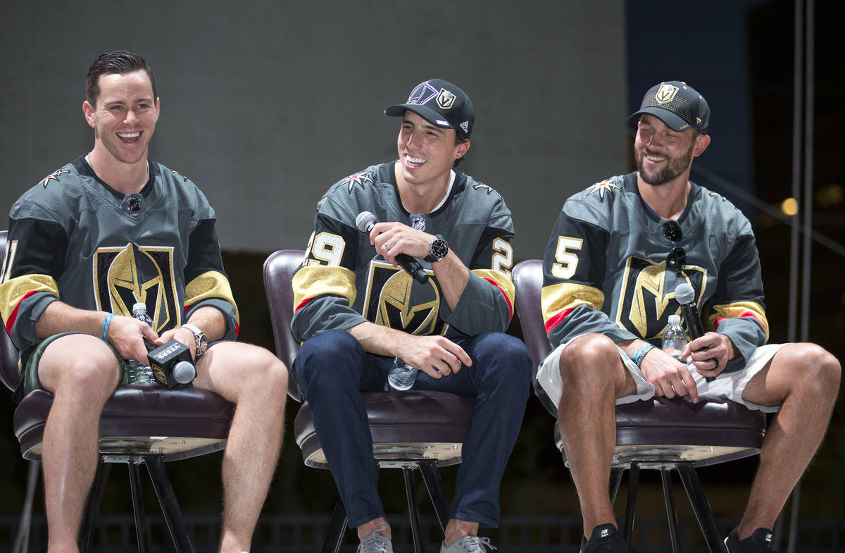 Golden Knights players, from left, Jonathan Marchessault, Marc-Andre Fleury and Deryk Engelland ...