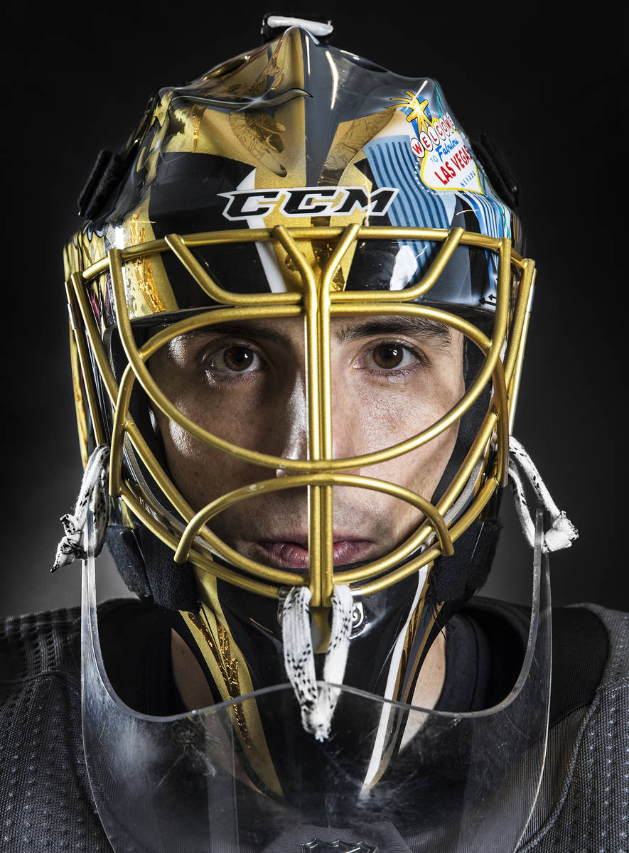 Golden Knights goaltender Marc-Andre Fleury poses for a portrait at City National Arena on Thur ...