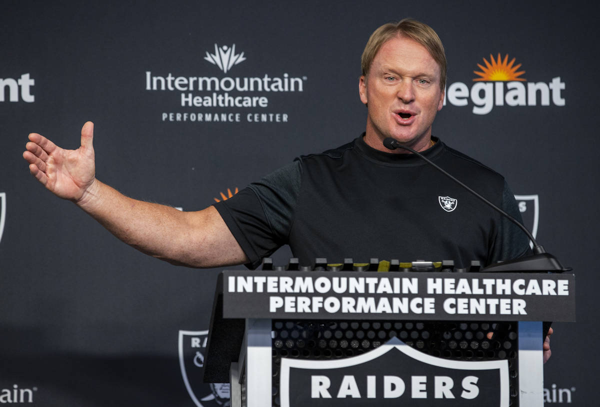 Raiders head coach Jon Gruden speaks to the media during the start of training camp at the Inte ...