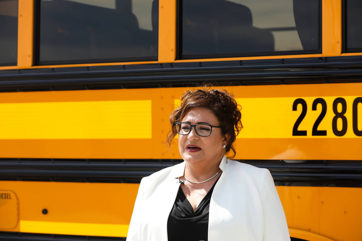 Jennifer Vobias, executive director of transportation for Clark County School District, talks a ...