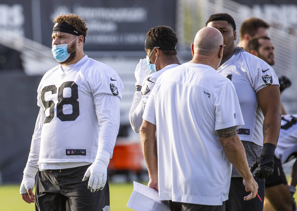 Raiders center Andre James (68) wears a mask during the Raiders training camp at the Intermount ...