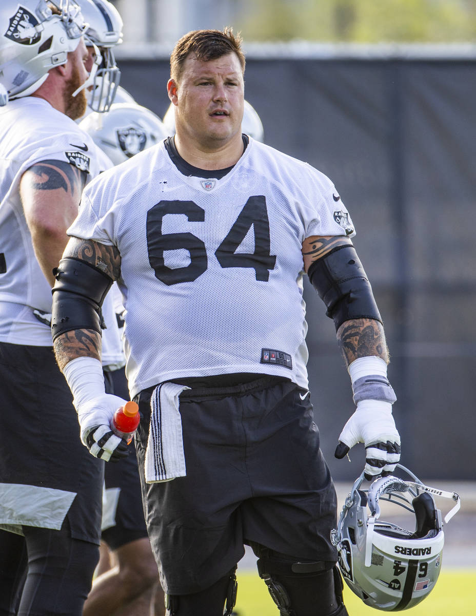 Raiders center Andre James (68) looks to teammates during the Raiders training camp at the Inte ...
