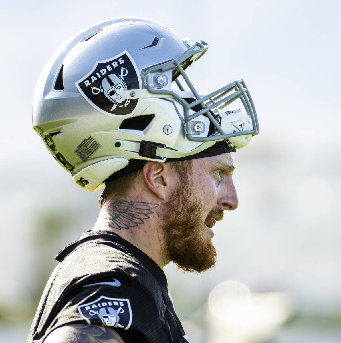 Raiders defensive end Maxx Crosby (98) watches teammates during the Raiders training camp at th ...