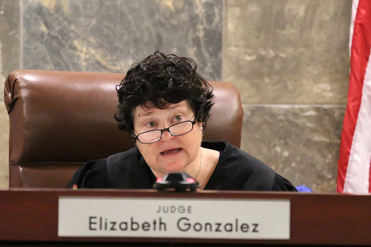 District Judge Elizabeth Gonzalez announces a decision at the Regional Justice Center during a ...