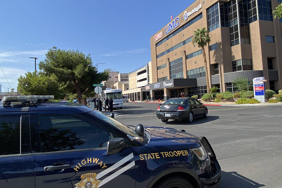 Nevada Highway Patrol troopers gather outside University Medical Center on Wednesday, July 28, ...